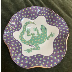 Whimsical folk art Southwest style, Gecko‎ lizard Wavy edge Bowl purple green